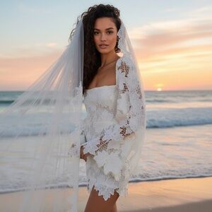 Rumer NWT Elegant White Bridal Crochet Lace Bell Sleeve Tropez Mini Dress XS